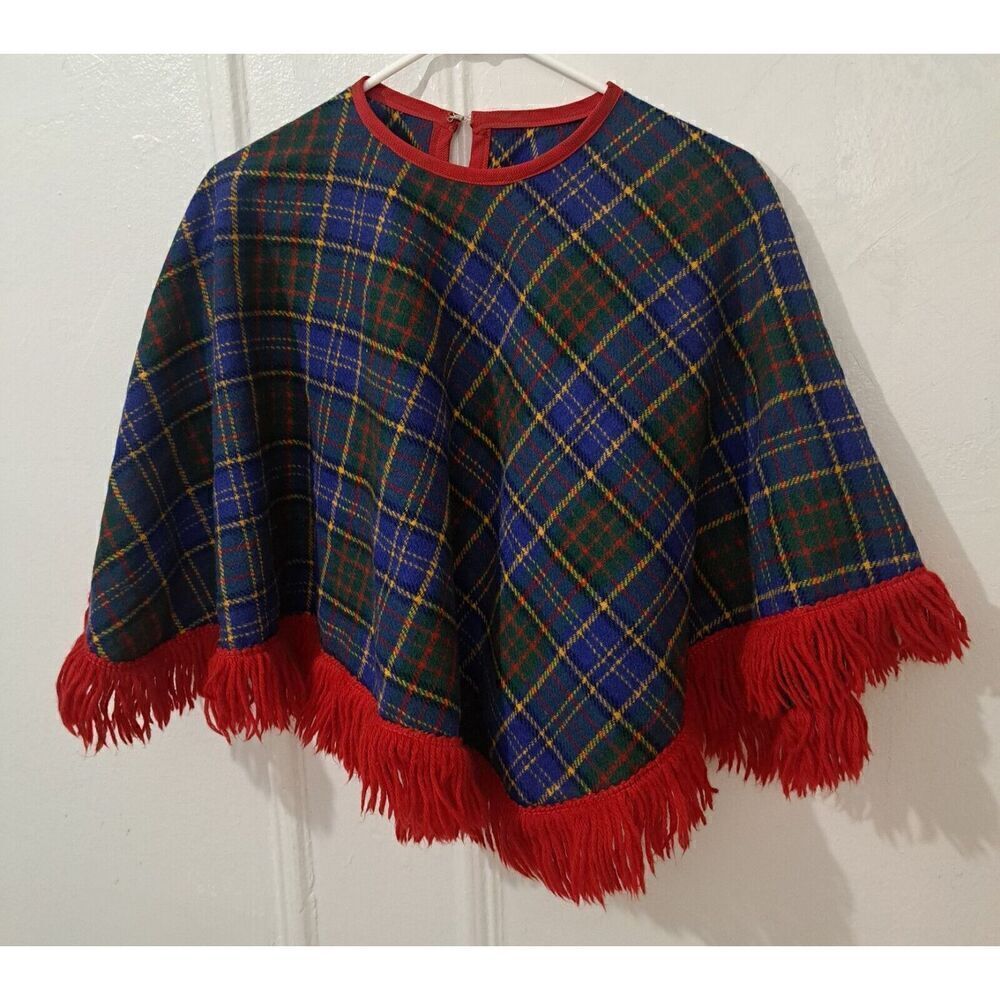 Vintage  70's WOOL TARTAN PLAID FRINGE WOMENS SMALL PONCHO CAPE RED BLUE Sweater
